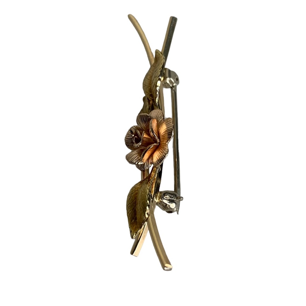 Krementz Signed 24K Pink & Yellow Gold Filled Rose Leaves Overly Brooch Pin - Picture 7 of 8